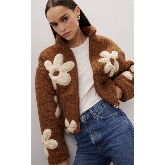 BLANKNYC Brown Floral Faux Shearling Flower Child Jacket Size XS - Picture 2 of 12